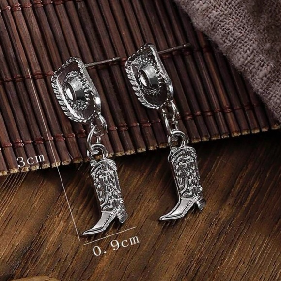 Silver Western Cowboy Boots & Hat Boho Earrings - Picture 3 of 3